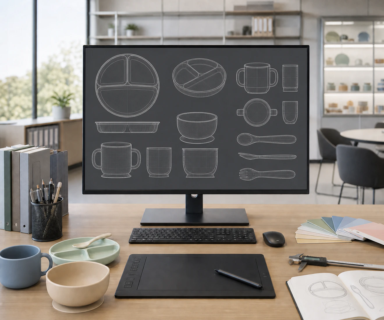 Monochrome silicone tableware CAD drawings displayed at a product development workstation